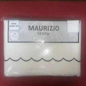 Maurizio Italy 4 Pc King Sheet Set Percale Cotton White/Scalloped Black Trim NWT